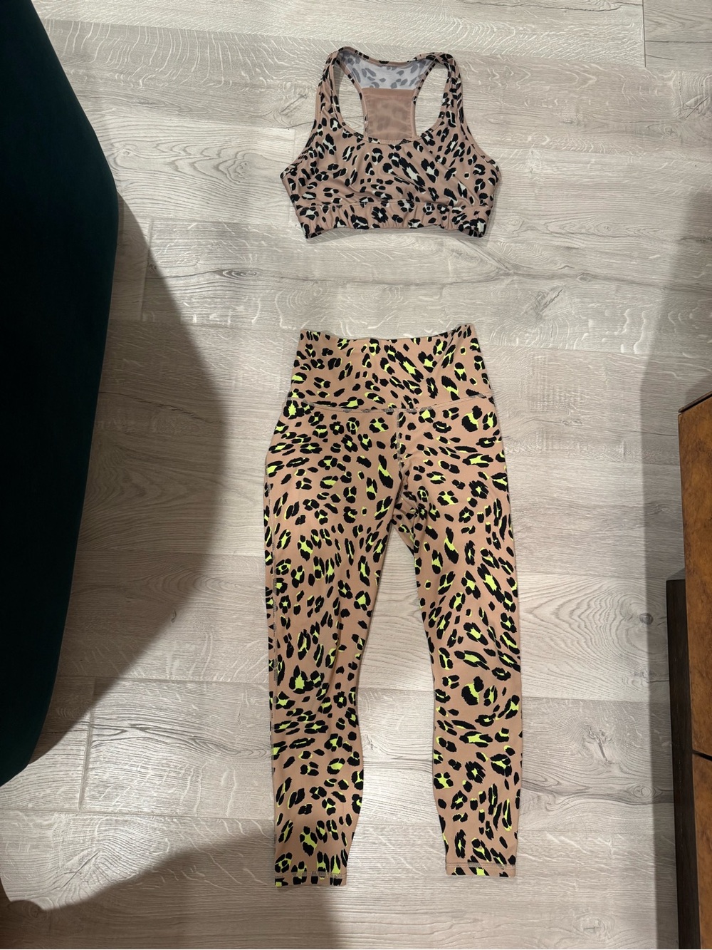 Fabletics Nude Leopard Print Sports Bra & Leggings with Neon Green Accents